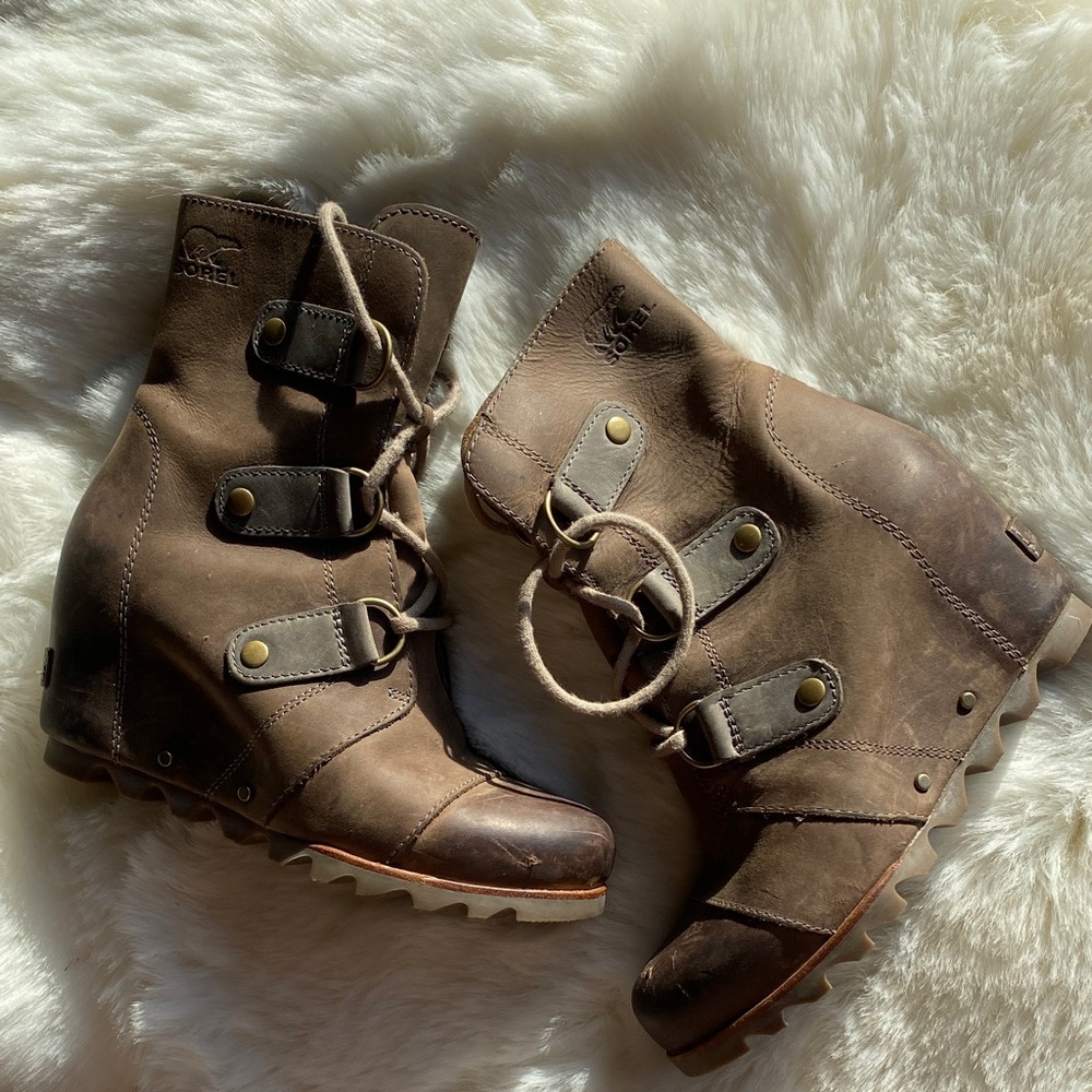 Sorel Tan Lace-Up Wedge Boots